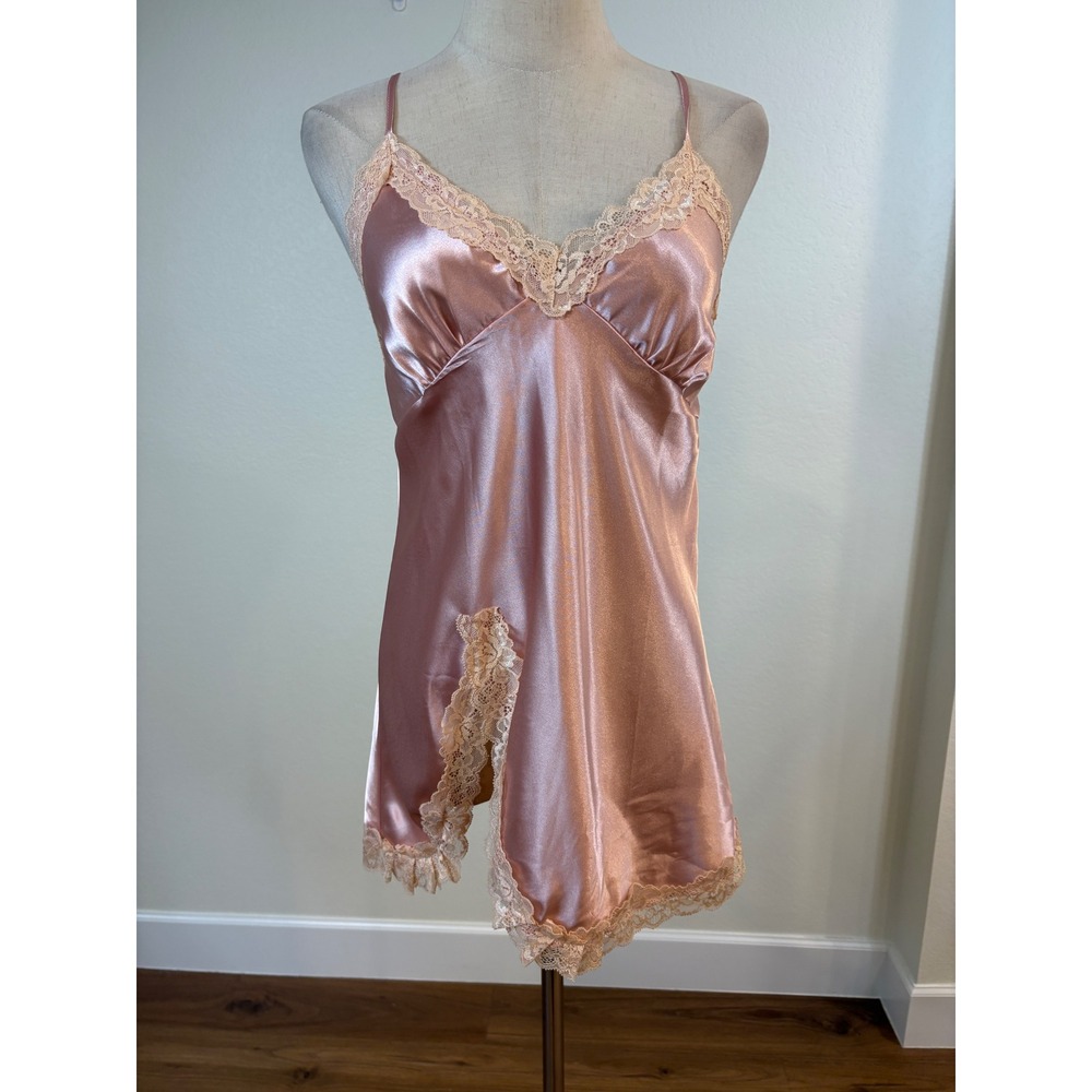 Babydoll Slip Dress Women M Pink Satin Lace Negligee Coquette indie sleeze glam